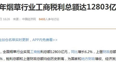 烟草和白酒哪个税收高，烟草每年纳税超万亿
